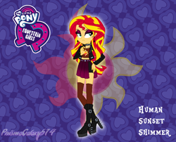 Size: 778x628 | Tagged: safe, artist:prismagalaxy514, artist:selenaede, derpibooru import, sunset shimmer, human, equestria girls, boots, choker, clothes, ear piercing, earring, eyeshadow, jacket, jewelry, leather jacket, makeup, necklace, piercing, shoes, solo, stockings, thigh highs