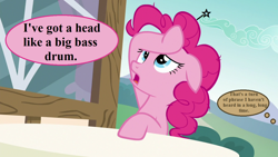 Size: 1280x720 | Tagged: safe, derpibooru import, edit, edited screencap, screencap, pinkie pie, earth pony, pony, every little thing she does, comic, doctor who, headache, implied doctor whooves, offscreen character, pain star, screencap comic, speech, speech bubble, talking, the wheel in space, thought bubble