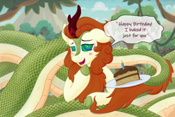 Size: 3000x2000 | Tagged: safe, artist:paladin-drakkenwolf, derpibooru import, autumn blaze, kirin, lamia, original species, snake, snake pony, blushing, cake, cake slice, candle, female, food, happy birthday, hypnosis, one ear down, solo