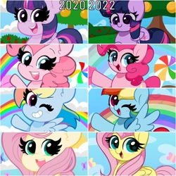 Size: 1080x1080 | Tagged: safe, artist:kittyrosie, derpibooru import, fluttershy, pinkie pie, rainbow dash, twilight sparkle, twilight sparkle (alicorn), alicorn, butterfly, earth pony, pegasus, pony, 2020, 2022, bean mouth, blushing, candy, cloud, comparison, cute, dashabetes, diapinkes, female, flying, food, grin, kittyrosie is trying to murder us, lollipop, mare, old art, one eye closed, open mouth, open smile, rainbow, shyabetes, smiling, spread wings, tree, twiabetes, weapons-grade cute, wings, wink