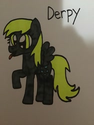 Size: 2448x3264 | Tagged: safe, artist:maddiedraws5678, derpibooru import, derpy hooves, pegasus, pony, g4, cute, derp, derpabetes, derpy being derpy, female, full body, golden eyes, gray coat, hooves, mare, raised hoof, raised leg, silly, simple background, solo, standing, tail, tongue, tongue out, traditional art, white background, yellow hair, yellow mane, yellow tail
