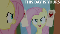 Size: 1280x720 | Tagged: safe, derpibooru import, edit, edited screencap, editor:quoterific, screencap, fluttershy, pegasus, pony, putting your hoof down, season 2, female, mare, mirror, open mouth, open smile, smiling, solo, text