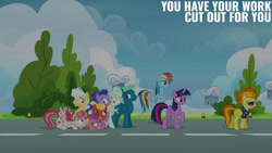 Size: 1280x720 | Tagged: safe, derpibooru import, edit, edited screencap, editor:quoterific, screencap, angel wings, hyacinth dawn, rainbow dash, short fuse, sky stinger, spitfire, twilight sparkle, twilight sparkle (alicorn), vapor trail, alicorn, pegasus, pony, season 6, top bolt, female, flying, looking at you, loosey-goosey, male, mare, mountain haze, open mouth, smiling, smiling at you, spread wings, stallion, text, wings