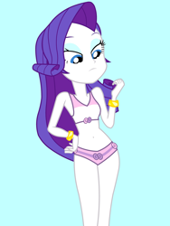 Size: 1536x2048 | Tagged: safe, artist:draymanor57, derpibooru import, rarity, equestria girls, bare shoulders, belly button, bikini, blue background, clothes, cyan background, female, looking down, simple background, sleeveless, solo, swimsuit, swimsuit edit