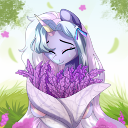 Size: 2500x2500 | Tagged: safe, artist:stormcloud, derpibooru import, oc, oc only, pony, unicorn, bouquet, bust, cute, eyes closed, female, flower, horn, mare, smiling, solo