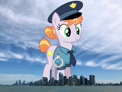 Size: 2048x1536 | Tagged: safe, artist:cheezedoodle96, artist:thegiantponyfan, derpibooru import, edit, copper top, earth pony, pony, clothes, cuffs, female, giant pony, giant/macro earth pony, giantess, highrise ponies, irl, macro, manhattan, mare, mega giant, necktie, new york, new york city, photo, police, police officer, police pony, police uniform, ponies in real life, shirt, story included