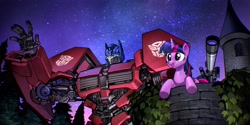 Size: 4000x2000 | Tagged: safe, artist:theamazingspino, derpibooru import, twilight sparkle, pony, robot, unicorn, crossover, duo, female, mare, night, optimus prime, stars, telescope, transformers