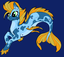 Size: 772x692 | Tagged: safe, artist:slenderlyn12, derpibooru import, oc, oc only, hybrid, merpony, seapony (g4), base used, blue background, dorsal fin, fins, fish tail, green eyes, ocean, orange mane, simple background, solo, swimming, tail, underwater, water