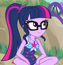 Size: 858x883 | Tagged: safe, derpibooru import, screencap, sci-twi, twilight sparkle, better together, equestria girls, forgotten friendship, bare shoulders, clothes, cropped, one-piece swimsuit, sci-twi swimsuit, sleeveless, solo, swimsuit