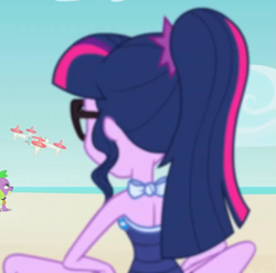 Size: 881x872 | Tagged: safe, derpibooru import, screencap, sci-twi, spike, spike the regular dog, twilight sparkle, dog, better together, equestria girls, forgotten friendship, bare shoulders, clothes, cropped, one-piece swimsuit, sci-twi swimsuit, selfie drone, sleeveless, swimsuit