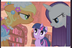 Size: 1763x1180 | Tagged: safe, derpibooru import, screencap, applejack, rarity, twilight sparkle, unicorn twilight, earth pony, pony, unicorn, look before you sleep, angry, applejack is not amused, argument, clothes, dress, ear piercing, flower, flower in hair, froufrou glittery lacy outfit, glare, golden oaks library, gritted teeth, lidded eyes, looking at each other, looking at someone, piercing, princess applejack, screenshots, teeth, unamused, wat, wet, wet mane, wet mane rarity