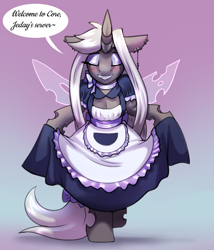 Size: 2572x3000 | Tagged: safe, artist:jedayskayvoker, derpibooru import, oc, oc:n0cturn3, changeling, changeling queen, blushing, changeling oc, changeling queen oc, clothes, crossdressing, cute, dress, ear piercing, femboy, gradient background, maid, makeup, male, patreon, patreon reward, piercing, sketch, solo, speech bubble, spread wings, stallion, text, trap, white changeling, wings