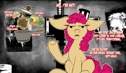 Size: 1250x725 | Tagged: safe, artist:jamescorck, derpibooru import, oc, oc:cotton bucket, earth pony, pony, butter, female, food, mare, oil, pan, popcorn