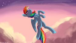 Size: 3840x2160 | Tagged: safe, artist:leoliu0491, derpibooru import, rainbow dash, pegasus, pony, 4k, cloud, female, flying, high res, hooves, looking up, mare, shading, signature, smiling, solo, spread wings, starry sky, stars, wings