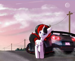 Size: 1130x916 | Tagged: safe, artist:rainydark, derpibooru import, oc, oc only, oc:solaris, pony, unicorn, atmosphere, car, eyebrows, eyebrows visible through hair, female, female oc, females only, gif, gift art, horn, looking at you, nissan, nissan gt-r, raised hoof, raised leg, sky, smiling, smiling at you, solo, unicorn oc, white pony