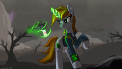 Size: 3840x2160 | Tagged: safe, artist:leoliu0491, derpibooru import, oc, oc only, oc:littlepip, pony, unicorn, fallout equestria, female, gun, handgun, little macintosh, mare, revolver, solo, wasteland, weapon