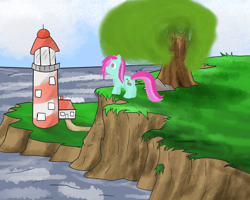 Size: 2000x1600 | Tagged: safe, artist:amateur-draw, derpibooru import, oc, oc only, oc:belle boue, unicorn, cliff, lighthouse, male, ocean, scenery, solo, stallion, tree, water