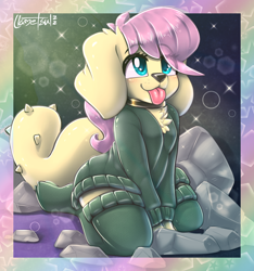 Size: 948x1012 | Tagged: safe, artist:llametsul, derpibooru import, fluttershy, diamond dog, :p, atg 2022, blushing, chest fluff, clothes, collar, colored, cute, diamond dogified, ear fluff, ears, female, female diamond dog, floppy ears, flutterdog, kneeling, newbie artist training grounds, signature, smiling, socks, solo, species swap, stockings, sweater, thigh highs, tongue, tongue out