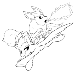 Size: 1500x1500 | Tagged: safe, artist:tsitra360, derpibooru import, spitfire, pegasus, flareon, flying, lineart, pokémon