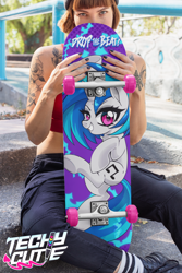 Size: 1440x2160 | Tagged: safe, artist:techycutie, derpibooru import, dj pon-3, vinyl scratch, human, unicorn, grin, irl, irl human, lightning, merchandise, photo, skateboard, smiling