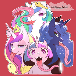 Size: 1200x1200 | Tagged: safe, artist:cold-blooded-twilight, derpibooru import, princess cadance, princess celestia, princess luna, twilight sparkle, alicorn, pony, bedroom eyes, blushing, cold blooded twilight, crown, eyeshadow, fangs, jewelry, long tongue, makeup, open mouth, red background, regalia, simple background, slit eyes, tongue, tongue out