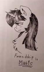 Size: 2212x3651 | Tagged: safe, artist:nightydream, derpibooru import, twilight sparkle, pony, bust, chest fluff, eyebrows, eyebrows visible through hair, female, high res, horn, mare, monochrome, portrait, solo, traditional art