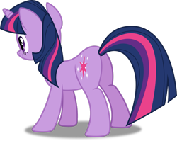 Size: 2745x2184 | Tagged: safe, artist:dashiesparkle, derpibooru import, twilight sparkle, pony, unicorn, look before you sleep, butt, female, happy, high res, looking at someone, mare, plot, rear view, shadow, simple background, smiling, solo, transparent background, twibutt, vector