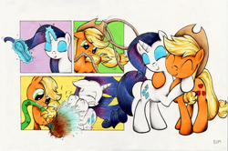 Size: 2000x1331 | Tagged: safe, artist:ecmonkey, derpibooru import, applejack, rarity, earth pony, pony, unicorn, look before you sleep, 2015, applejack's hat, brush, clothes, cowboy hat, duo, duo female, eyes closed, eyeshadow, female, glowing, glowing horn, hairbrush, hat, horn, hug, lasso, levitation, magic, magic aura, makeup, mare, montage, mud, open mouth, rope, signature, smiling, teeth, telekinesis