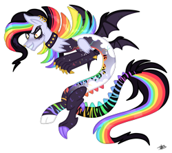 Size: 4373x3884 | Tagged: safe, artist:princessmoonsilver, derpibooru import, oc, oc only, oc:cosmic mayhem, draconequus, absurd resolution, bat wings, donut steel, draconequus oc, ear piercing, earring, grin, jewelry, multicolored hair, nose piercing, nose ring, piercing, rainbow hair, rainbow tail, signature, simple background, smiling, solo, spread wings, tail, transparent background, wings