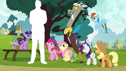 Size: 640x360 | Tagged: safe, derpibooru import, edit, edited screencap, screencap, applejack, discord, fluttershy, pinkie pie, rainbow dash, rarity, spike, starlight glimmer, twilight sparkle, twilight sparkle (alicorn), alicorn, draconequus, dragon, earth pony, human, pegasus, pony, unicorn, season 5, what about discord?, applejack's hat, binoculars, clothes, cowboy hat, female, hat, headcanon, height difference, irl, irl human, male, mane seven, mane six, mare, photo, ponyville, size comparison, speculation, tree