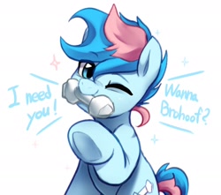 Size: 1748x1542 | Tagged: safe, artist:maren, derpibooru import, oc, oc only, oc:blue chewings, earth pony, pony, chew toy, hoofbump, looking at you, mouth hold, one eye closed, simple background, sparkles, talking to viewer, underhoof, white background, wink, winking at you