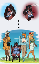 Size: 2155x3532 | Tagged: safe, artist:blackblood-queen, oc, oc only, oc:cocoa nutt, oc:lady lovegreen, oc:olive branch, anthro, deer, deer pony, dracony, dragon, hybrid, original species, pegasus, saddle arabian, unguligrade anthro, anthro oc, belly button, blouse, breasts, cellphone, clothes, cloven hooves, commission, dialogue, female, frustrated, glasses, leonine tail, mare, milf, overalls, pegasus oc, phone, raffle prize, saddle arabian oc, shortstack, spongebob squarepants, tail