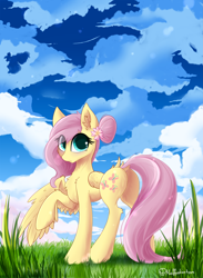 Size: 7087x9664 | Tagged: safe, artist:muffinkarton, derpibooru import, fluttershy, pegasus, pony, absurd file size, absurd resolution, butt, cute, eye clipping through hair, female, flower, flower in hair, flutterbutt, looking back, mare, one wing out, plot, raised hoof, raised leg, rear view, shyabetes, signature, solo, wings