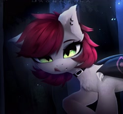 Size: 3429x3171 | Tagged: safe, artist:magnaluna, derpibooru import, oc, oc only, oc:swaybat, bat pony, pony, belt, choker, dark, ear piercing, earring, fangs, forest, jewelry, mlem, piercing, silly, solo, tongue, tongue out