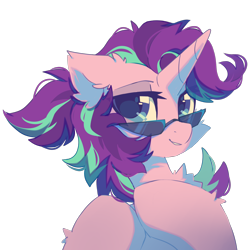 Size: 1600x1600 | Tagged: safe, artist:mirtash, derpibooru import, starlight glimmer, pony, unicorn, collaboration, bust, chest fluff, collaboration:choose your starlight, ear fluff, ears, eye clipping through hair, lidded eyes, looking at you, simple background, solo, sunglasses, transparent background