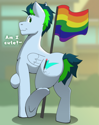 Size: 1403x1777 | Tagged: safe, artist:brushwork, derpibooru import, oc, oc only, oc:lucky spark, pegasus, pony, blurry background, butt, colored pupils, dialogue, eyebrows, feathered wings, folded wings, gay pride flag, looking at you, looking back, looking back at you, male, plot, pride, pride flag, smiling, smiling at you, solo, stallion, talking to viewer, underhoof, wings