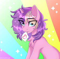 Size: 2500x2469 | Tagged: safe, artist:stormcloud, derpibooru import, oc, oc only, oc:lilac clime, pony, unicorn, blue eyes, bust, cute, female, horn, looking at you, mare, rainbow background, sitting, solo, trade
