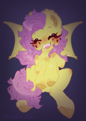 Size: 2800x3945 | Tagged: safe, artist:permafox, derpibooru import, fluttershy, bat pony, pony, blushing, cute, eyes closed, flutterbat, looking at you, open mouth, race swap, shyabates, shyabetes, smiling, smiling at you, solo, species swap