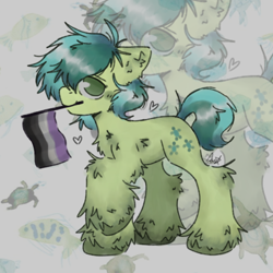 Size: 640x640 | Tagged: safe, artist:sandbarx3, derpibooru import, sandbar, earth pony, pony, turtle, asexual pride flag, blushing, chest fluff, cute, ear fluff, ears, fluffy, food, headcanon, heart, hoof fluff, leg fluff, lgbt headcanon, looking at you, male, mouth hold, no pupils, pineapple, pride, pride flag, sandabetes, sexuality headcanon, shoulder fluff, smiling, solo, stallion, unshorn fetlocks