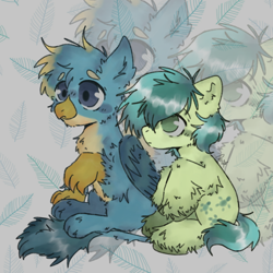 Size: 640x640 | Tagged: safe, artist:sandbarx3, derpibooru import, gallus, sandbar, earth pony, griffon, pony, turtle, cute, duo, duo male, fluffy, gallabetes, male, sandabetes, sitting