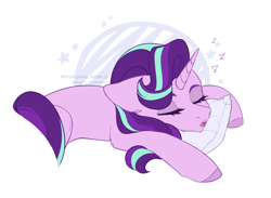 Size: 3000x2200 | Tagged: safe, artist:avroras_world, derpibooru import, starlight glimmer, pony, unicorn, commission, cute, female, glimmerbetes, high res, mare, onomatopoeia, pillow, simple background, sketch, sleeping, solo, sound effects, white background, zzz