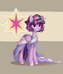 Size: 1800x2100 | Tagged: safe, artist:shore2020, derpibooru import, twilight sparkle, twilight sparkle (alicorn), alicorn, pony, the last problem, clothes, coronation dress, crown, dress, eyebrows, eyebrows visible through hair, female, hoof shoes, jewelry, mare, regalia, second coronation dress, shoes, solo