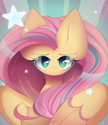 Size: 1900x2200 | Tagged: safe, artist:miryelis, derpibooru import, fluttershy, pegasus, pony, colored wings, cute, cutie mark, daaaaaaaaaaaw, female, long hair, looking at you, rainbow power, shyabetes, smiling, solo, stars, wings