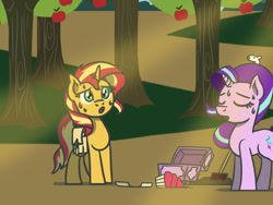 Size: 1800x1350 | Tagged: safe, artist:flutterluv, derpibooru import, part of a series, part of a set, starlight glimmer, sunset shimmer, mouse, pony, unicorn, apple, apple tree, atg 2022, duo, newbie artist training grounds, sweat, tree