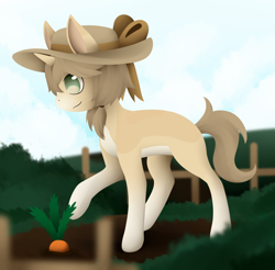 Size: 1450x1429 | Tagged: safe, artist:dreepymom, derpibooru import, oc, oc:aiko, pony, unicorn, carrot, female, food, hat, mare, solo