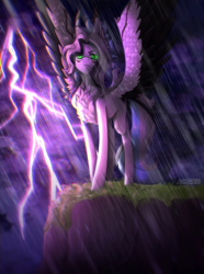 Size: 1116x1500 | Tagged: safe, artist:aakariu, derpibooru import, oc, oc only, pegasus, pony, art, art trade, dark background, digital art, drawing, gift art, lightning, pegasus oc, rain, solo, storm