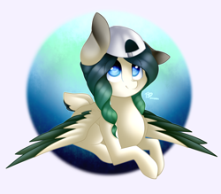 Size: 1600x1400 | Tagged: safe, artist:prettyshinegp, derpibooru import, oc, oc only, pegasus, pony, abstract background, backwards ballcap, baseball cap, cap, colored wings, commission, female, hat, lying down, mare, pegasus oc, prone, smiling, solo, two toned wings, wings, ych result