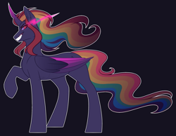 Size: 2317x1798 | Tagged: safe, artist:purplegrim40, derpibooru import, oc, oc only, alicorn, alicorn oc, black background, evil grin, grin, horn, multicolored hair, parent:king sombra, parent:rainbow dash, rainbow hair, raised hoof, raised leg, simple background, smiling, solo, sombra eyes, wings