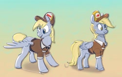 Size: 3083x1949 | Tagged: safe, artist:alumx, derpibooru import, derpy hooves, pegasus, pony, female, gradient background, hat, mailmare, mailmare hat, mailmare uniform, mare, one wing out, smiling, solo, wings