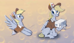 Size: 3020x1764 | Tagged: safe, artist:alumx, derpibooru import, derpy hooves, pegasus, pony, cute, derpabetes, female, hat, mailmare, mailmare hat, mailmare uniform, mare, microwave, sitting, smiling, solo, spread wings, wings